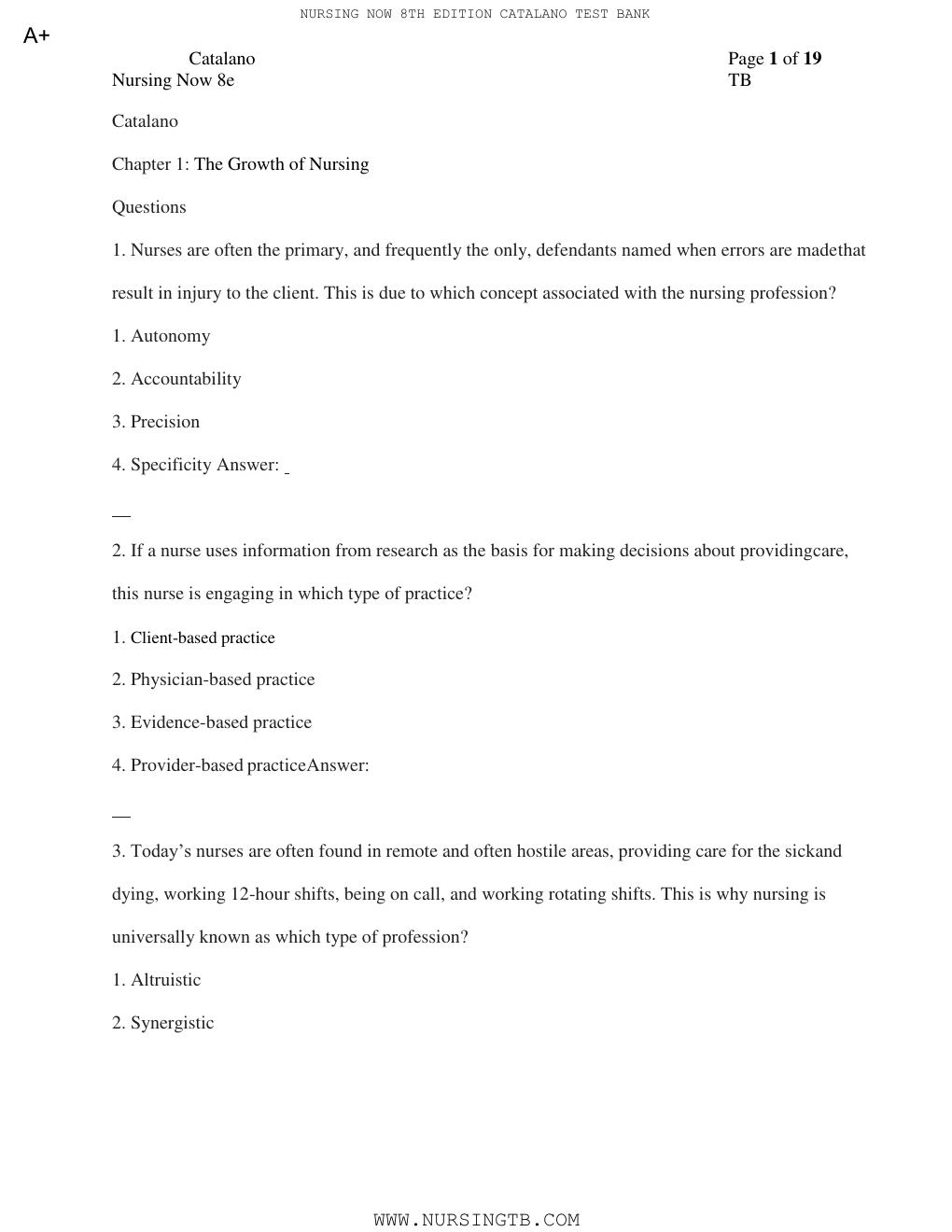 Preview page 2 of TEST BANK for Nursing Now: Today's Issues, Tomorrows Trends 8th Edition by Joseph T. Catalano PhD RN