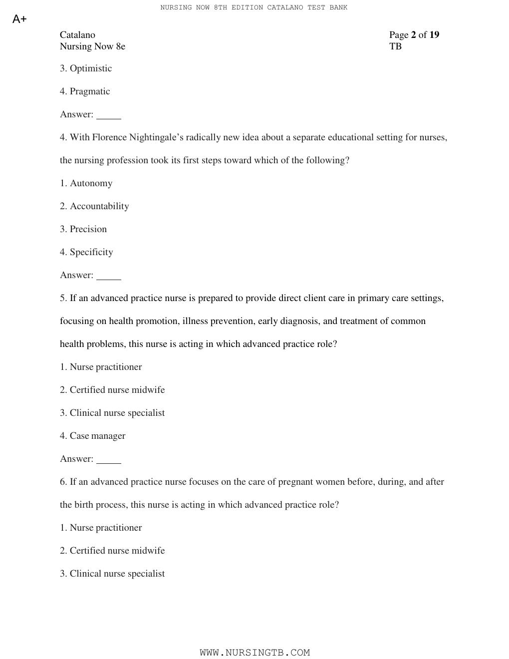 Preview page 3 of TEST BANK for Nursing Now: Today's Issues, Tomorrows Trends 8th Edition by Joseph T. Catalano PhD RN