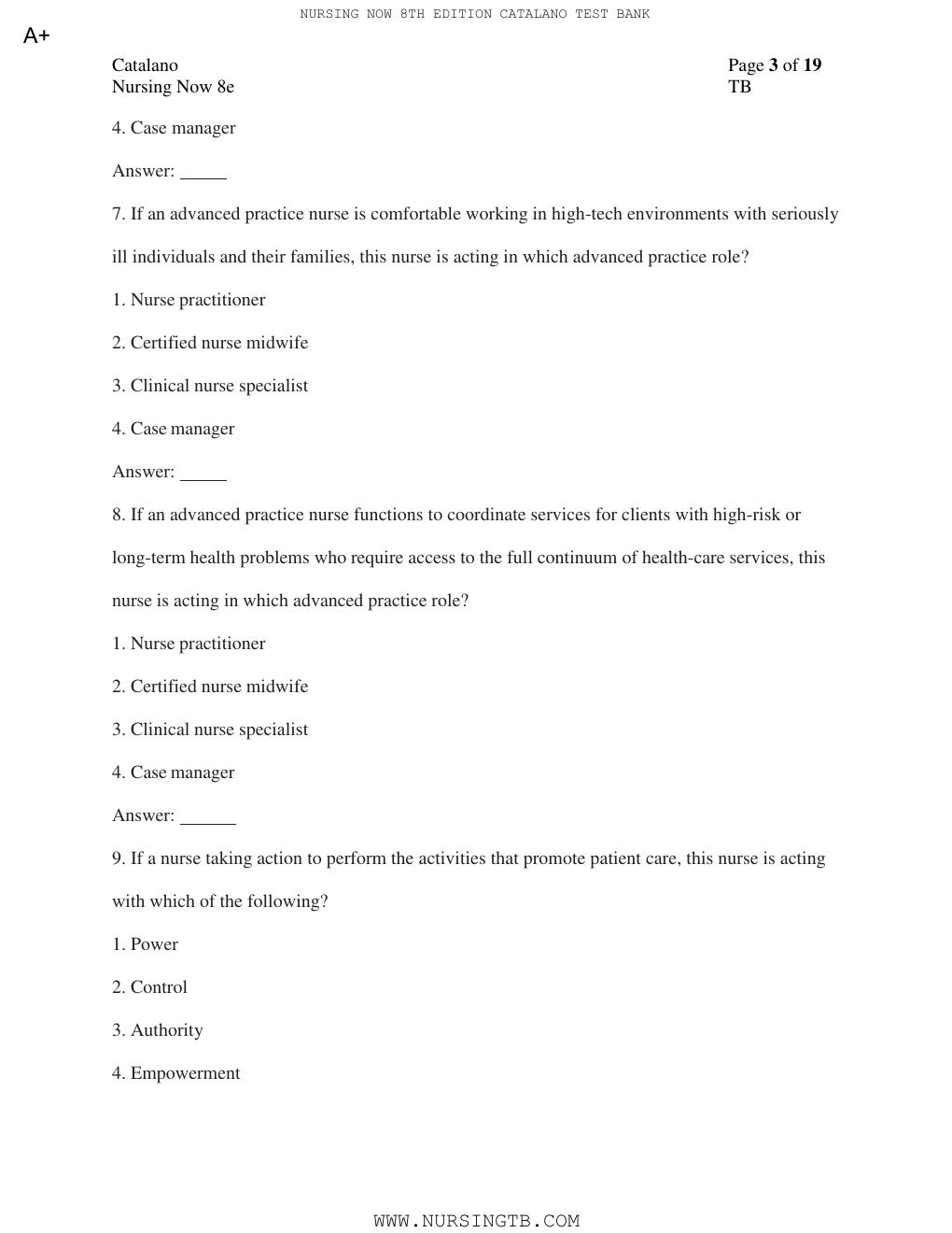 Preview page 4 of TEST BANK for Nursing Now: Today's Issues, Tomorrows Trends 8th Edition by Joseph T. Catalano PhD RN