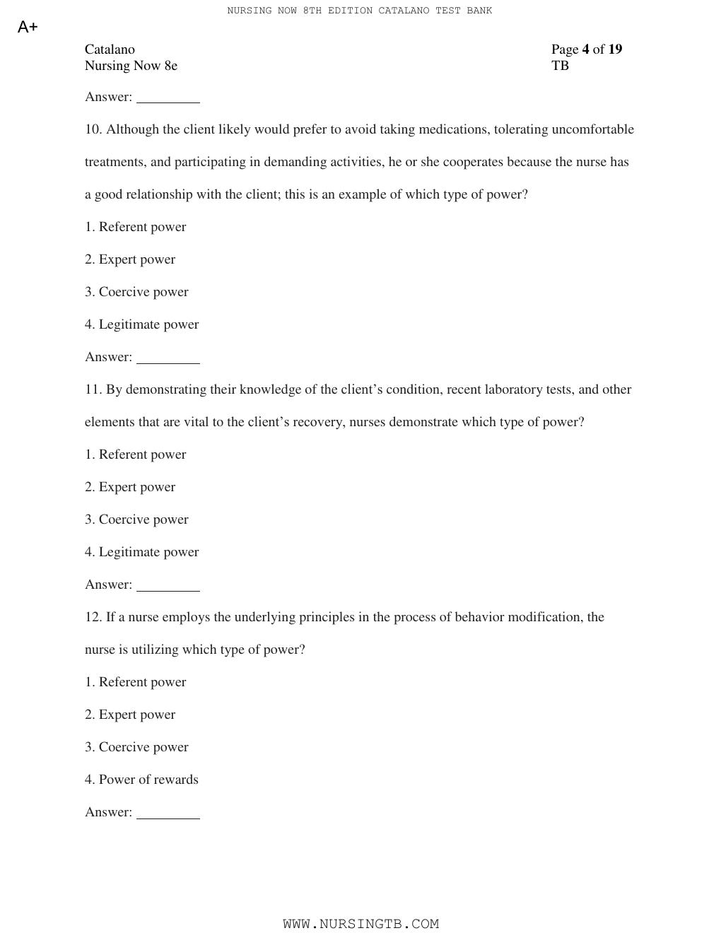 Preview page 5 of TEST BANK for Nursing Now: Today's Issues, Tomorrows Trends 8th Edition by Joseph T. Catalano PhD RN