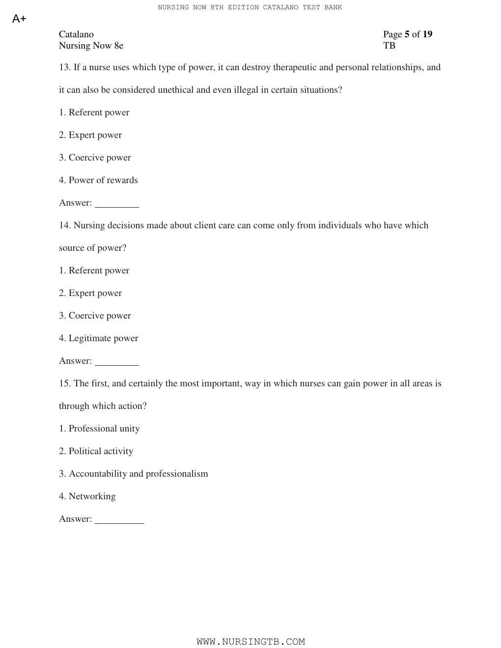 Preview page 6 of TEST BANK for Nursing Now: Today's Issues, Tomorrows Trends 8th Edition by Joseph T. Catalano PhD RN