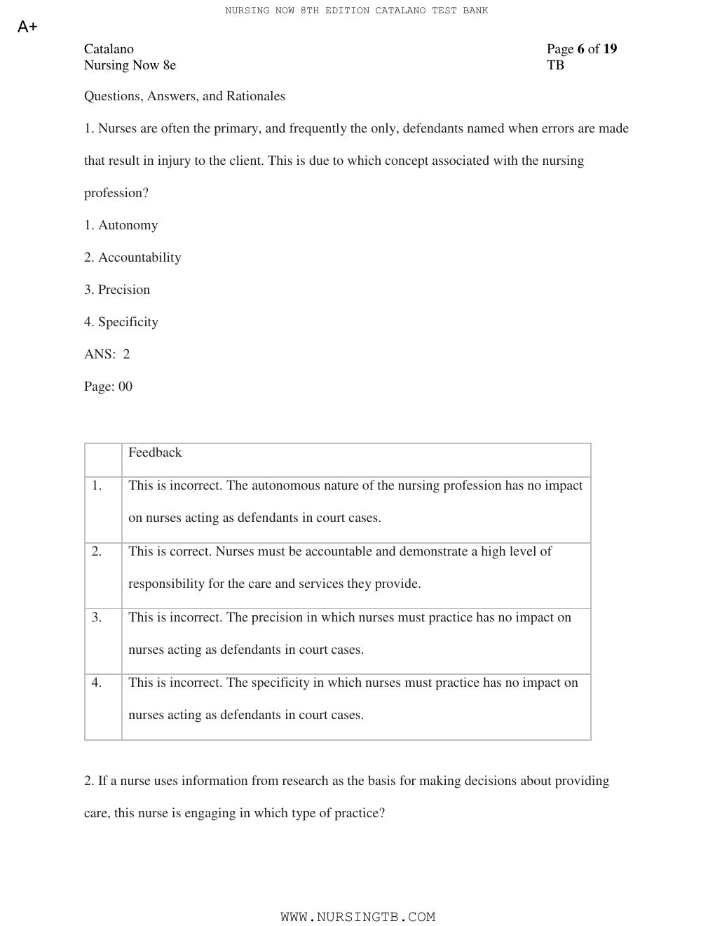 Preview page 7 of TEST BANK for Nursing Now: Today's Issues, Tomorrows Trends 8th Edition by Joseph T. Catalano PhD RN