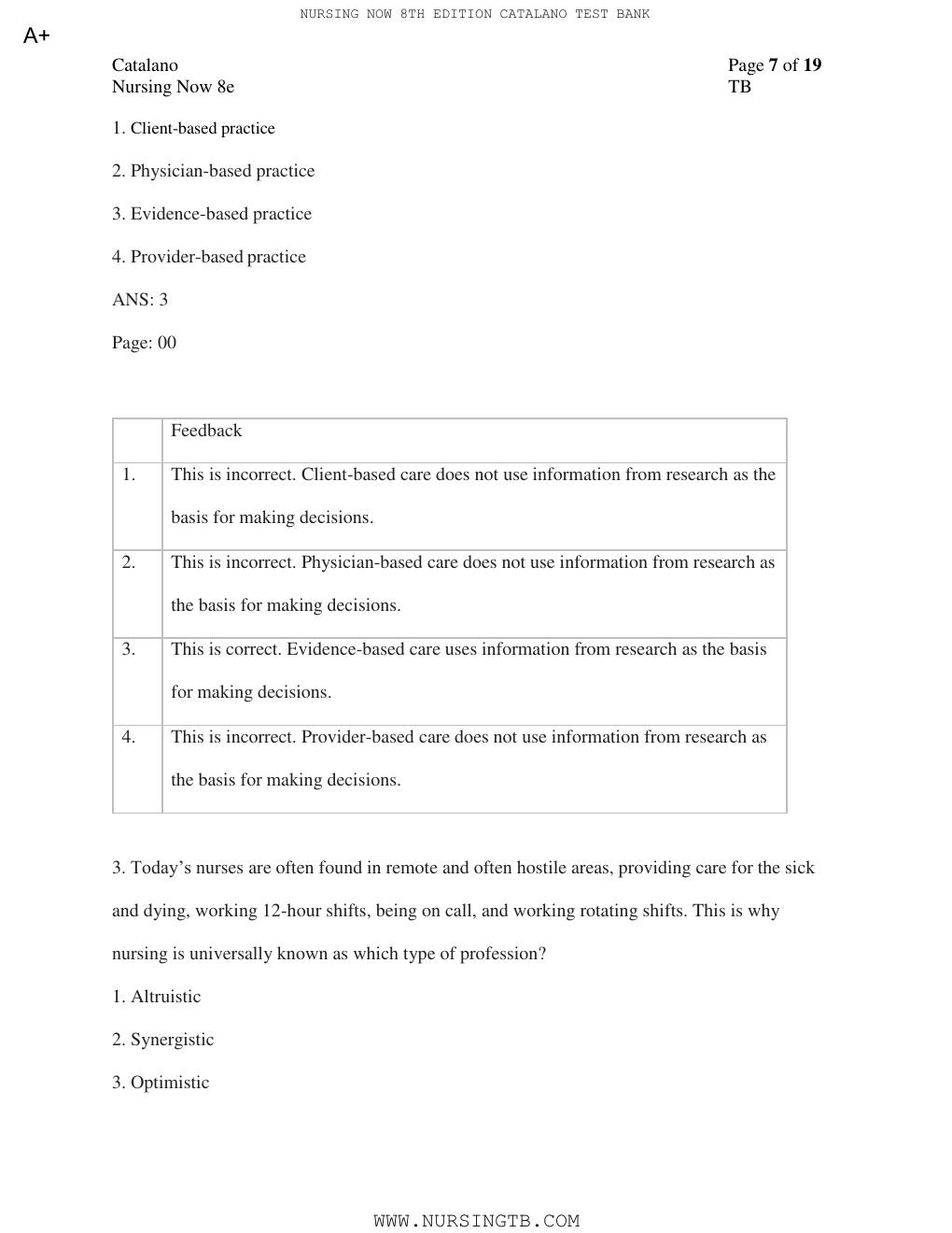 Preview page 8 of TEST BANK for Nursing Now: Today's Issues, Tomorrows Trends 8th Edition by Joseph T. Catalano PhD RN
