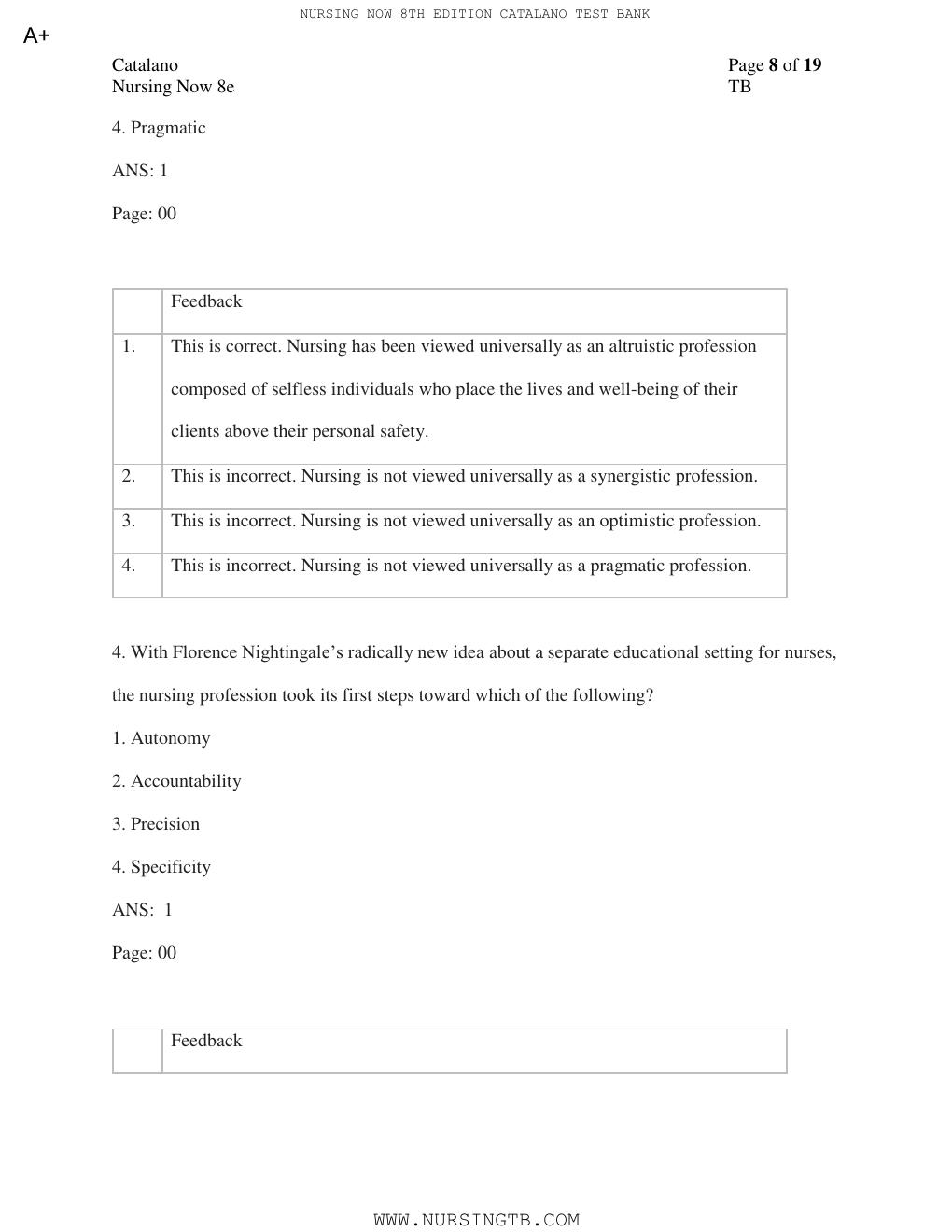 Preview page 9 of TEST BANK for Nursing Now: Today's Issues, Tomorrows Trends 8th Edition by Joseph T. Catalano PhD RN