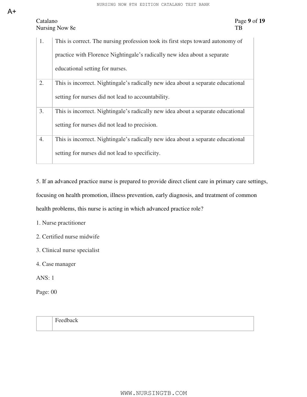 Preview page 10 of TEST BANK for Nursing Now: Today's Issues, Tomorrows Trends 8th Edition by Joseph T. Catalano PhD RN