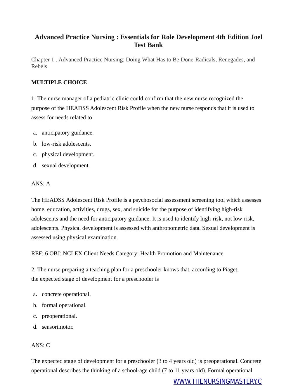 Preview page 2 of Advanced Practice Nursing : Essentials for Role Development 4th Edition Joel Test Bank