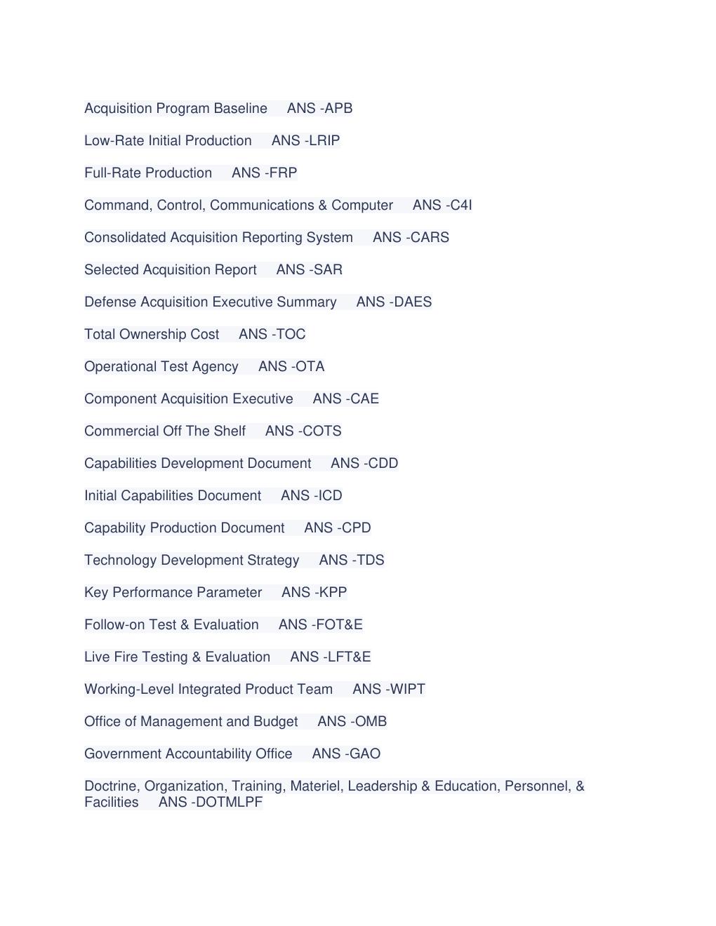 Preview page 2 of DEFENSE ACQUISITIONS 101 ACRONYMS (DAWIA) AND THEIR FULL NAMES.