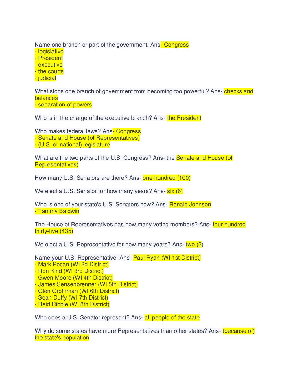 Preview page 2 of US Civics Test with 100 Questions and Correct Answers