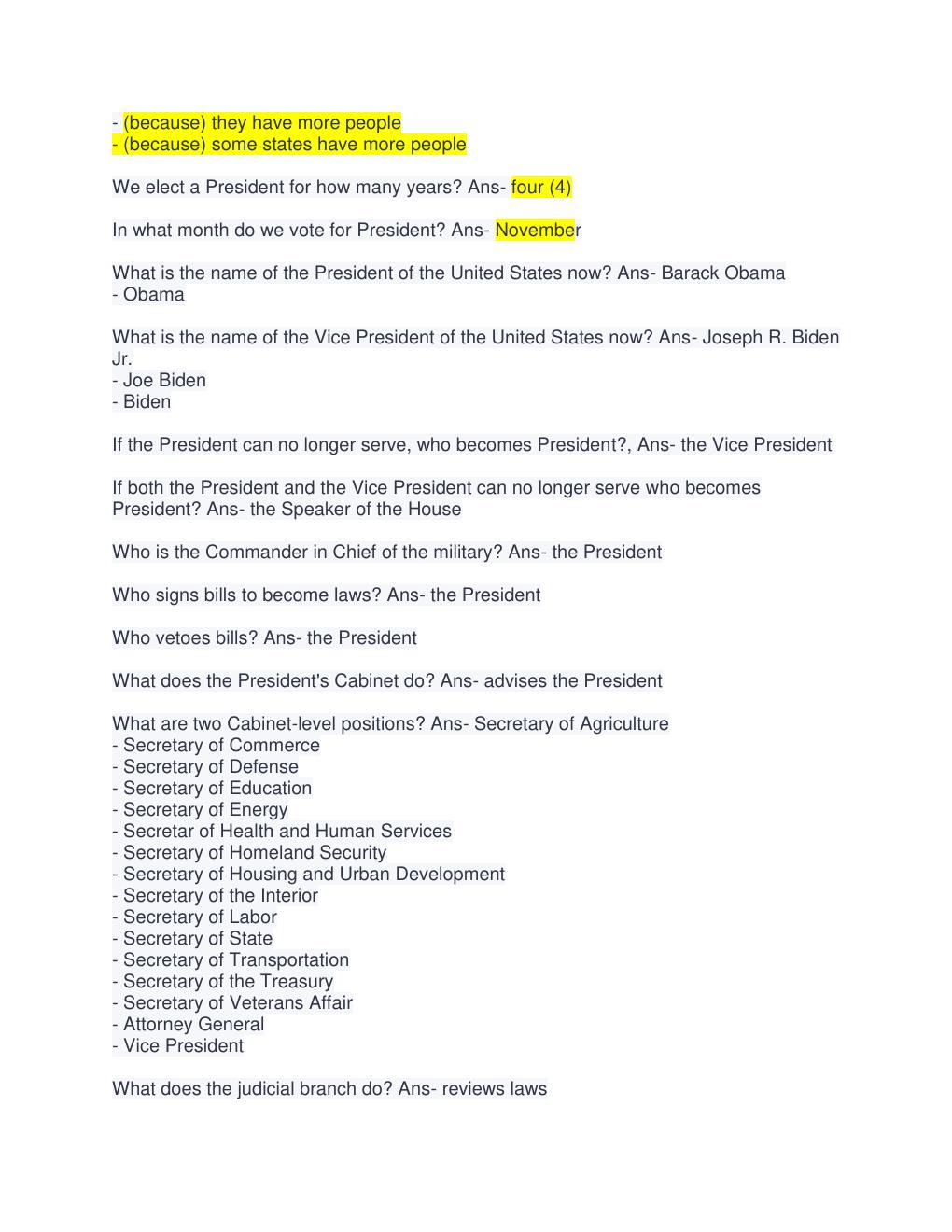 Preview page 3 of US Civics Test with 100 Questions and Correct Answers