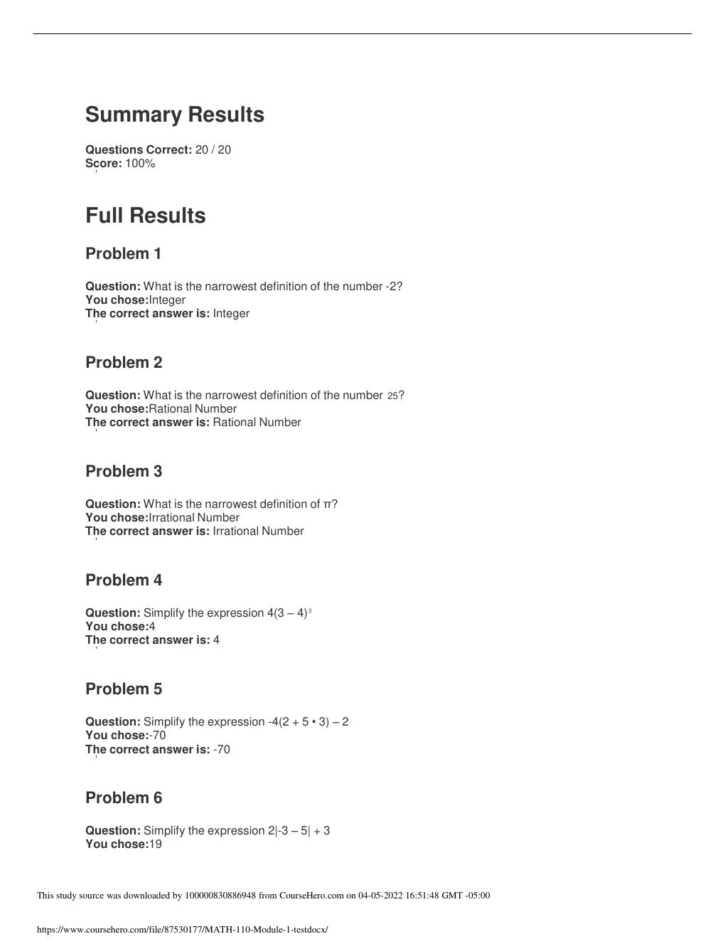 Preview page 2 of MATH 110 portage learning –module 1-10 with all statistics questions and verified answers