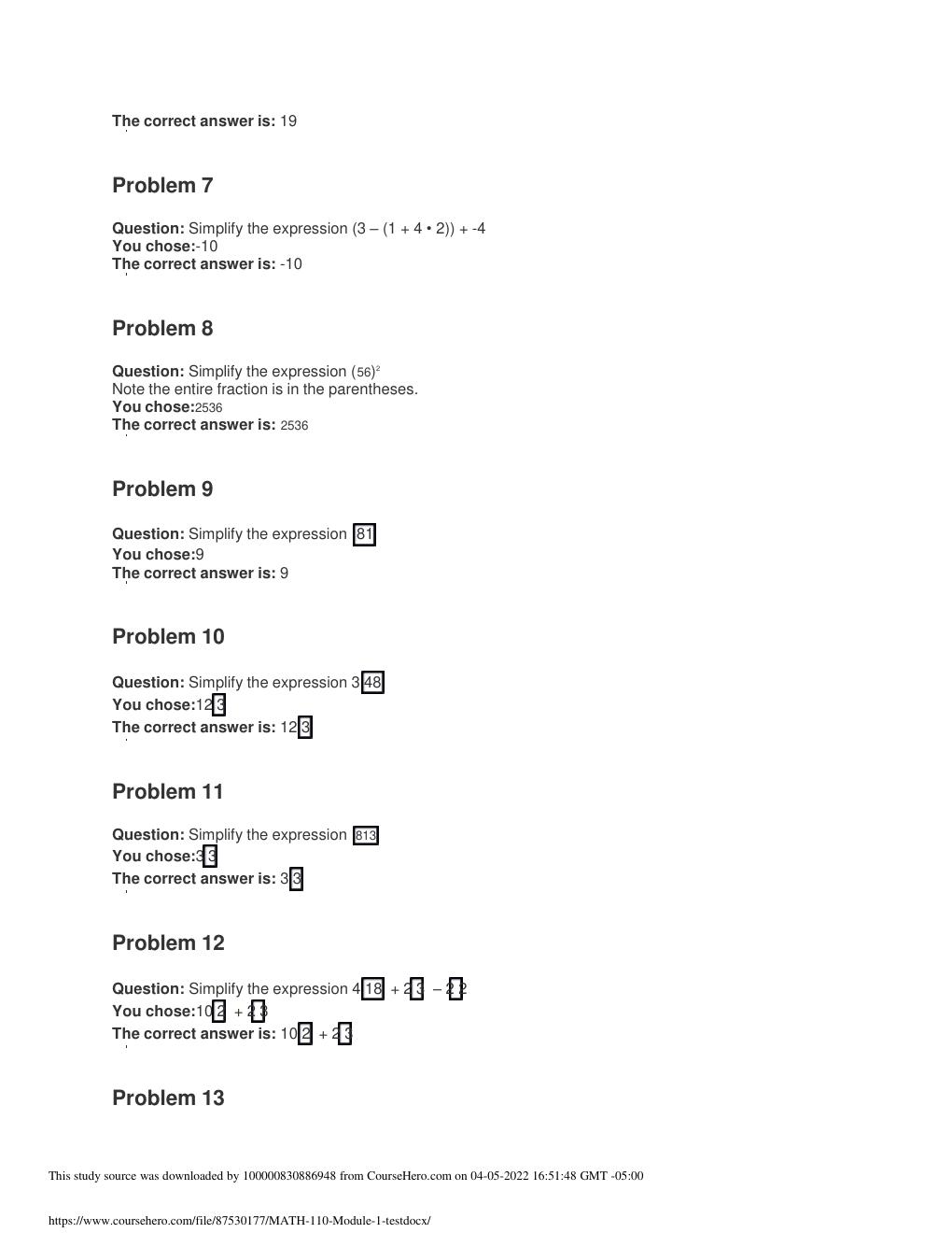 Preview page 3 of MATH 110 portage learning –module 1-10 with all statistics questions and verified answers
