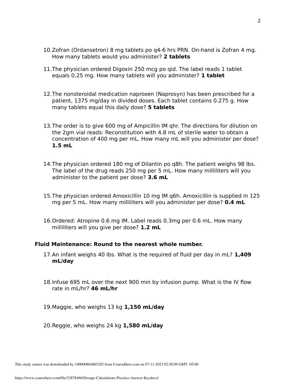 Preview page 2 of NUR 2349 Rasmussen Dosage Calculations Practice