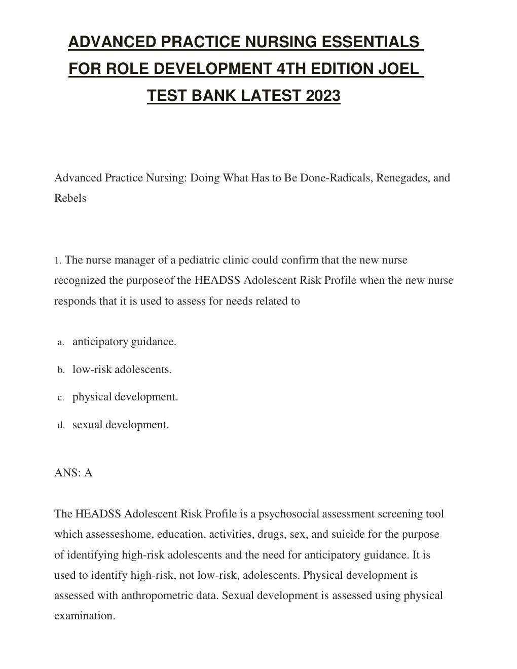 Preview page 2 of Test Bank FOR Advanced Practice Nursing: Essentials for Role Development, 4th Edition (Joel, 2018), Chapter 1-30 | All C