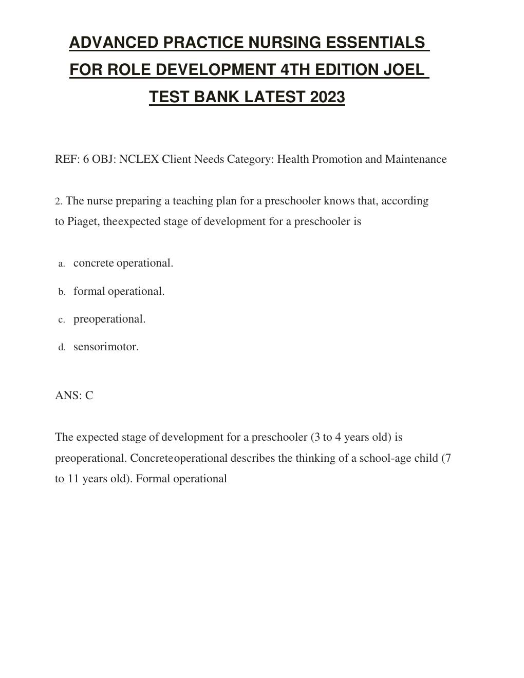 Preview page 3 of Test Bank FOR Advanced Practice Nursing: Essentials for Role Development, 4th Edition (Joel, 2018), Chapter 1-30 | All C