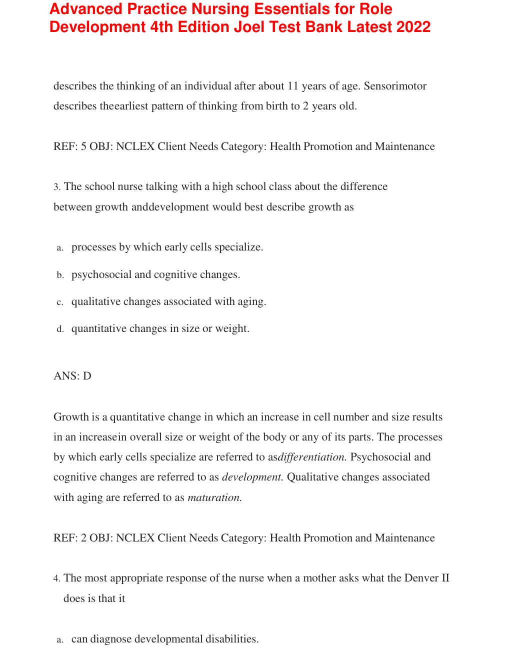 Preview page 4 of Test Bank FOR Advanced Practice Nursing: Essentials for Role Development, 4th Edition (Joel, 2018), Chapter 1-30 | All C