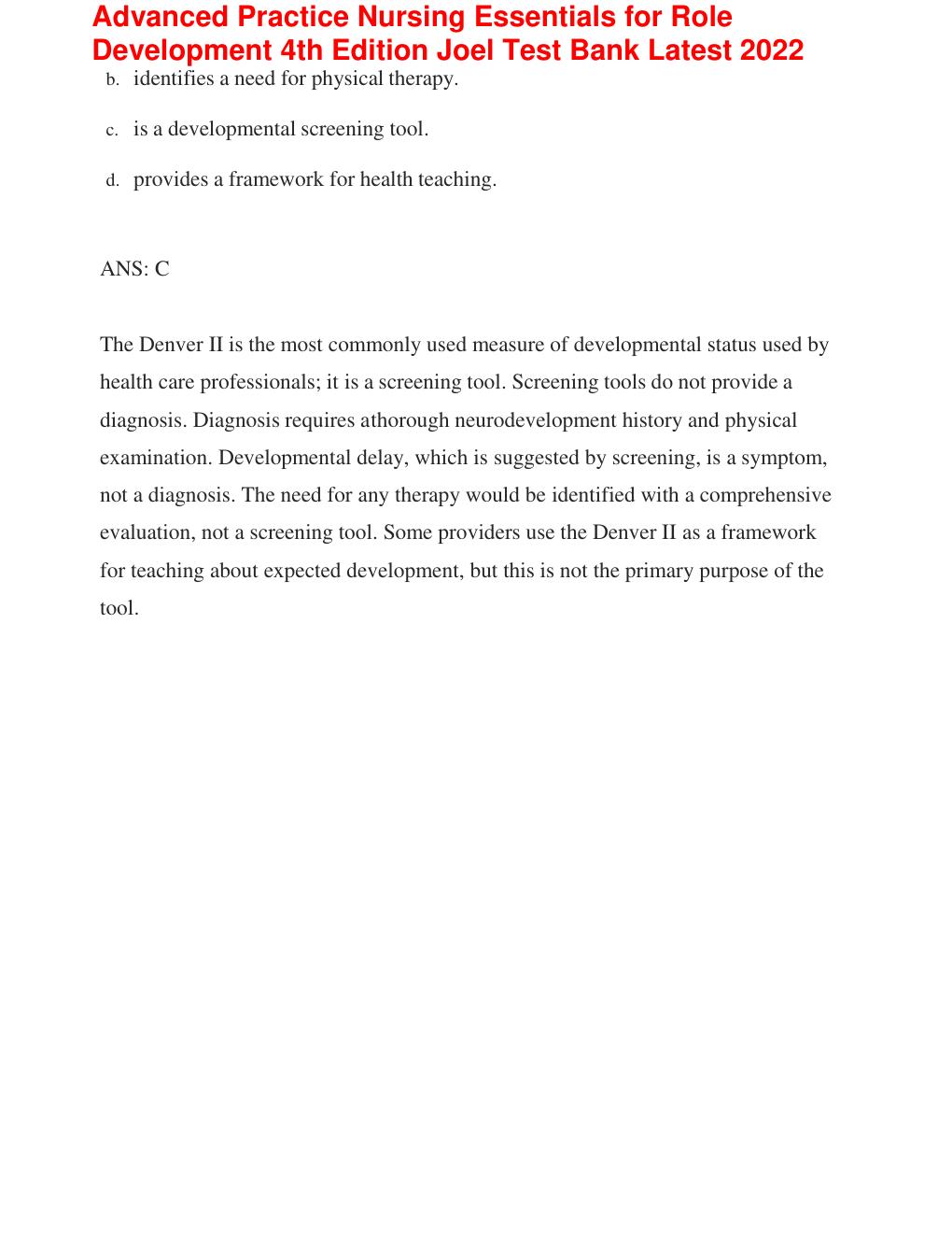 Preview page 5 of Test Bank FOR Advanced Practice Nursing: Essentials for Role Development, 4th Edition (Joel, 2018), Chapter 1-30 | All C