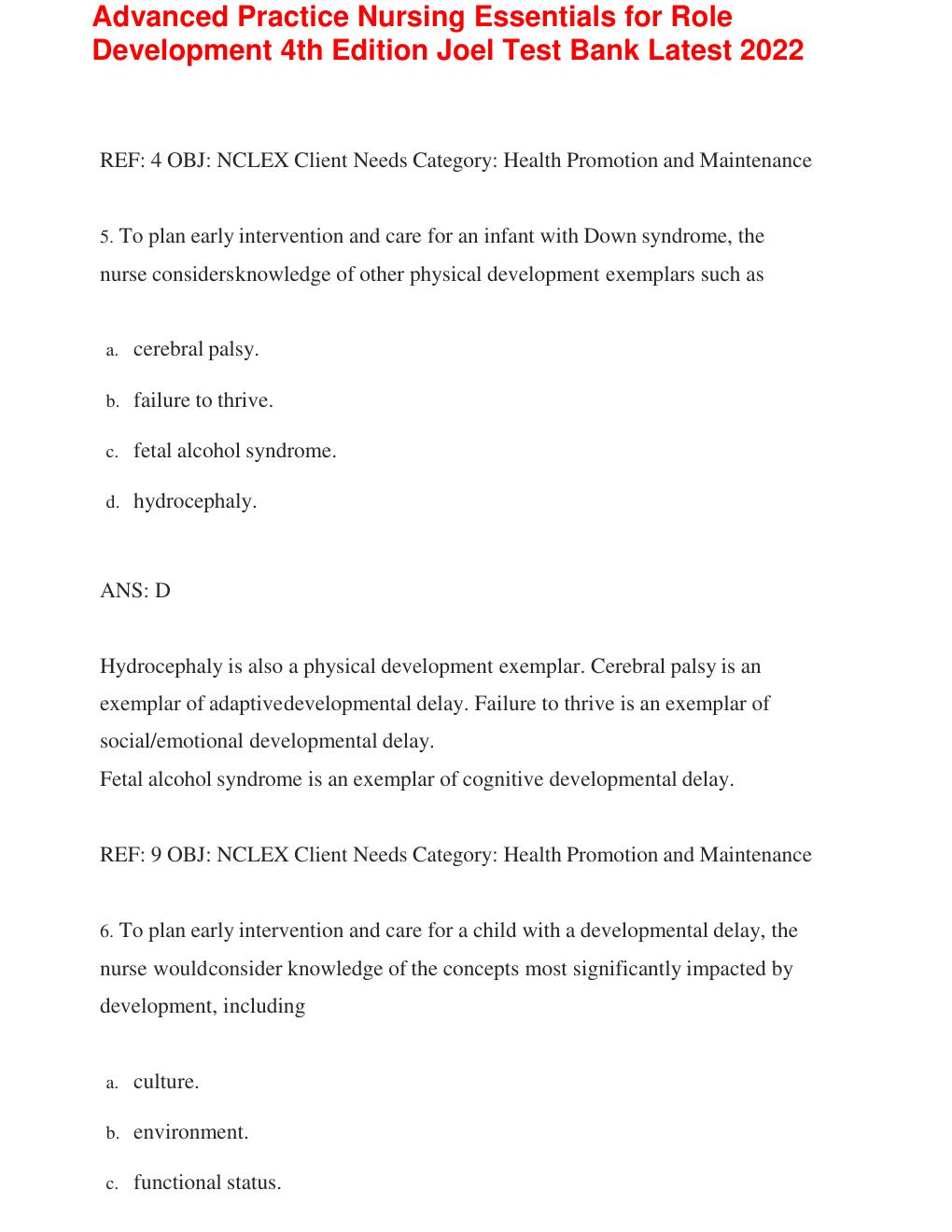Preview page 6 of Test Bank FOR Advanced Practice Nursing: Essentials for Role Development, 4th Edition (Joel, 2018), Chapter 1-30 | All C