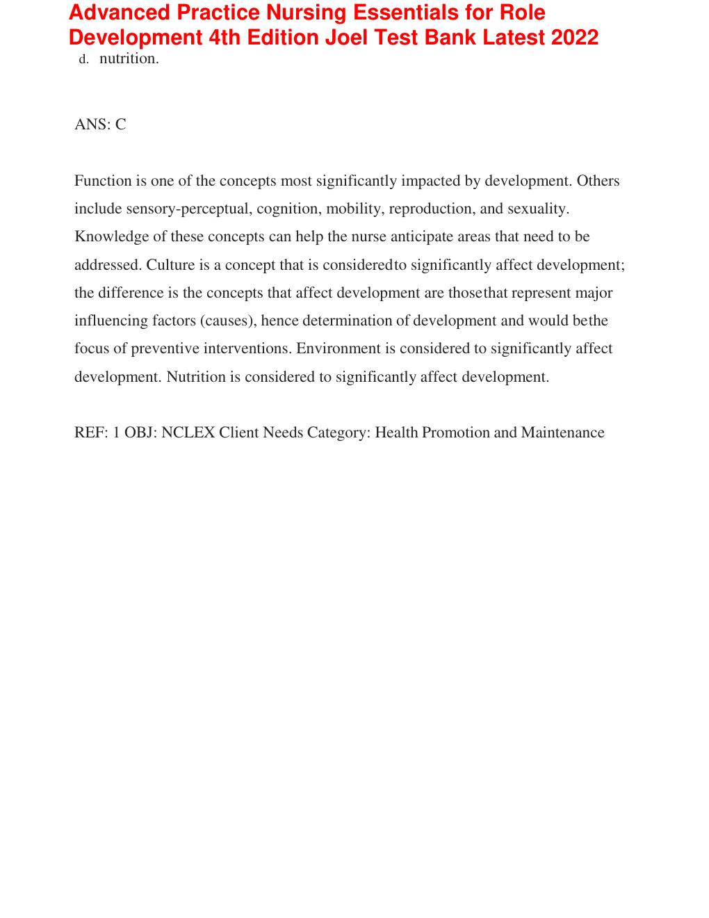 Preview page 7 of Test Bank FOR Advanced Practice Nursing: Essentials for Role Development, 4th Edition (Joel, 2018), Chapter 1-30 | All C