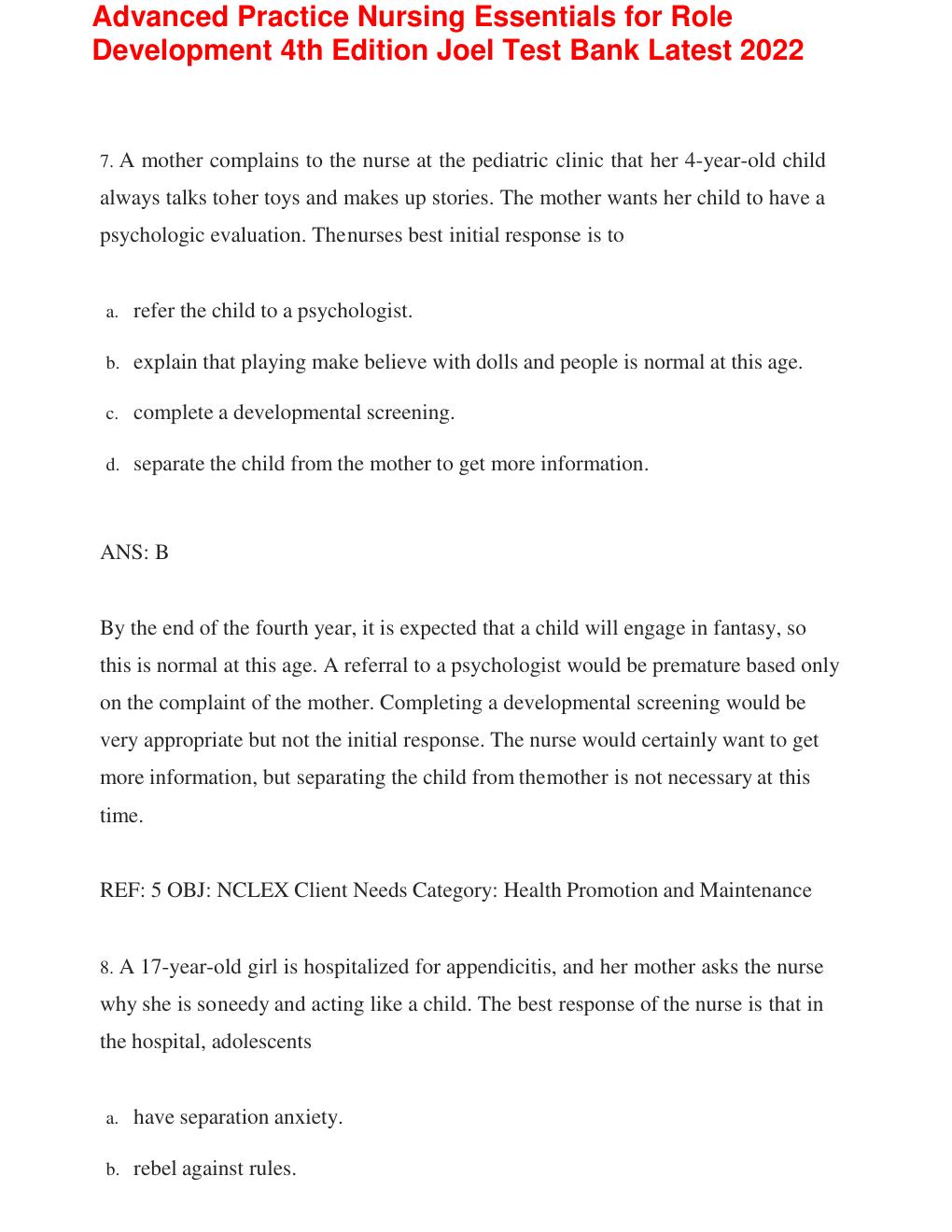 Preview page 8 of Test Bank FOR Advanced Practice Nursing: Essentials for Role Development, 4th Edition (Joel, 2018), Chapter 1-30 | All C