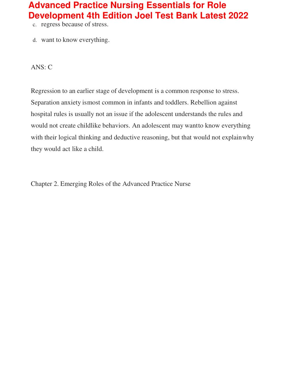 Preview page 9 of Test Bank FOR Advanced Practice Nursing: Essentials for Role Development, 4th Edition (Joel, 2018), Chapter 1-30 | All C