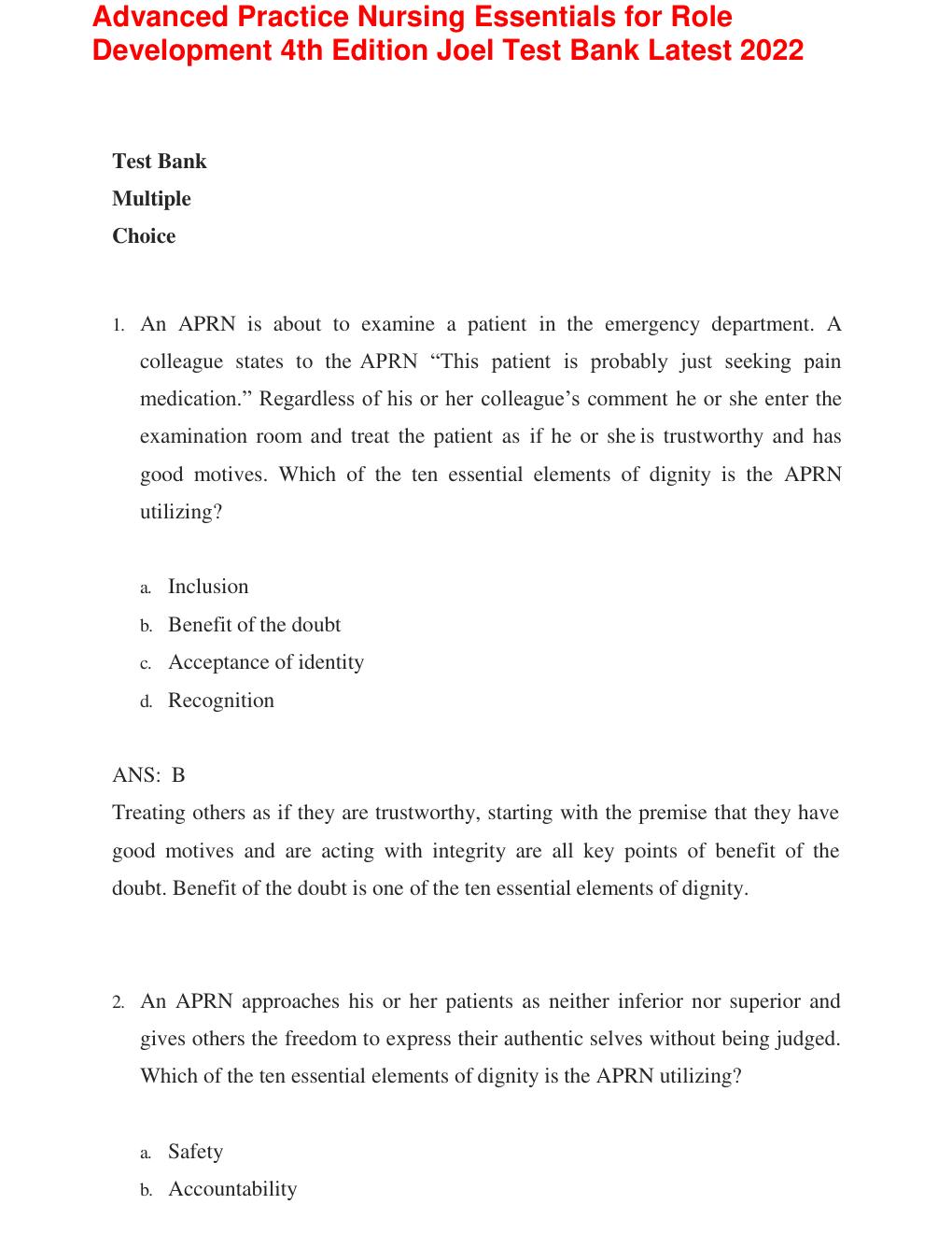 Preview page 10 of Test Bank FOR Advanced Practice Nursing: Essentials for Role Development, 4th Edition (Joel, 2018), Chapter 1-30 | All C