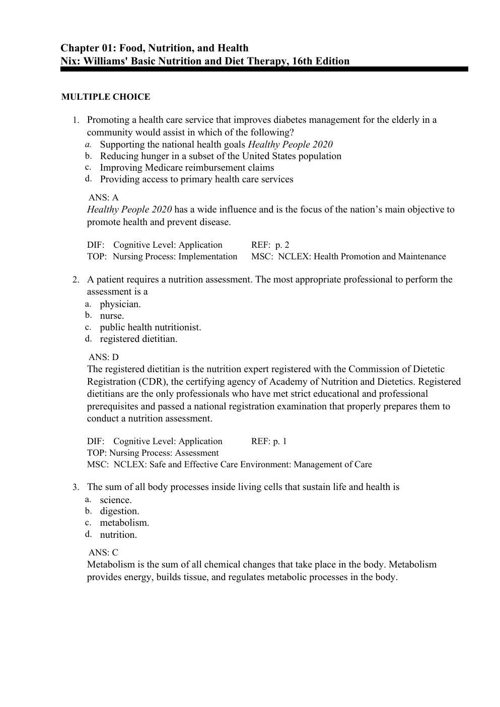 Preview page 2 of Test Bank For Basic Nutrition Diet Therapy 16th edition by Staci Nix MS, RD, CD
