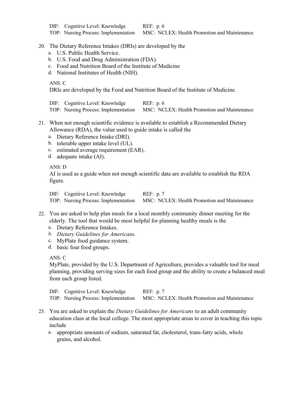 Preview page 8 of Test Bank For Basic Nutrition Diet Therapy 16th edition by Staci Nix MS, RD, CD