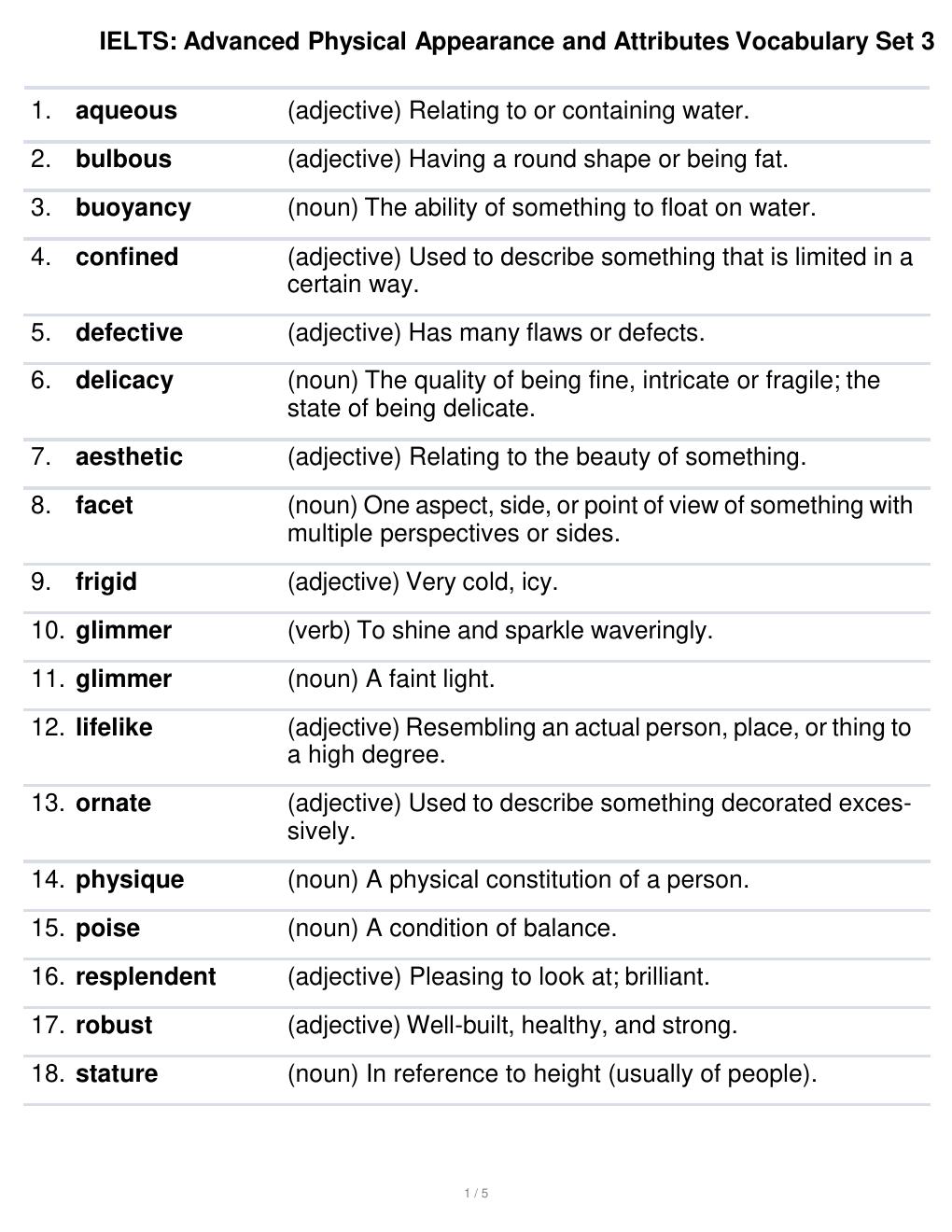 Preview page 2 of IELTS: Advanced Physical Appearance and Attributes Vocabulary Set 3