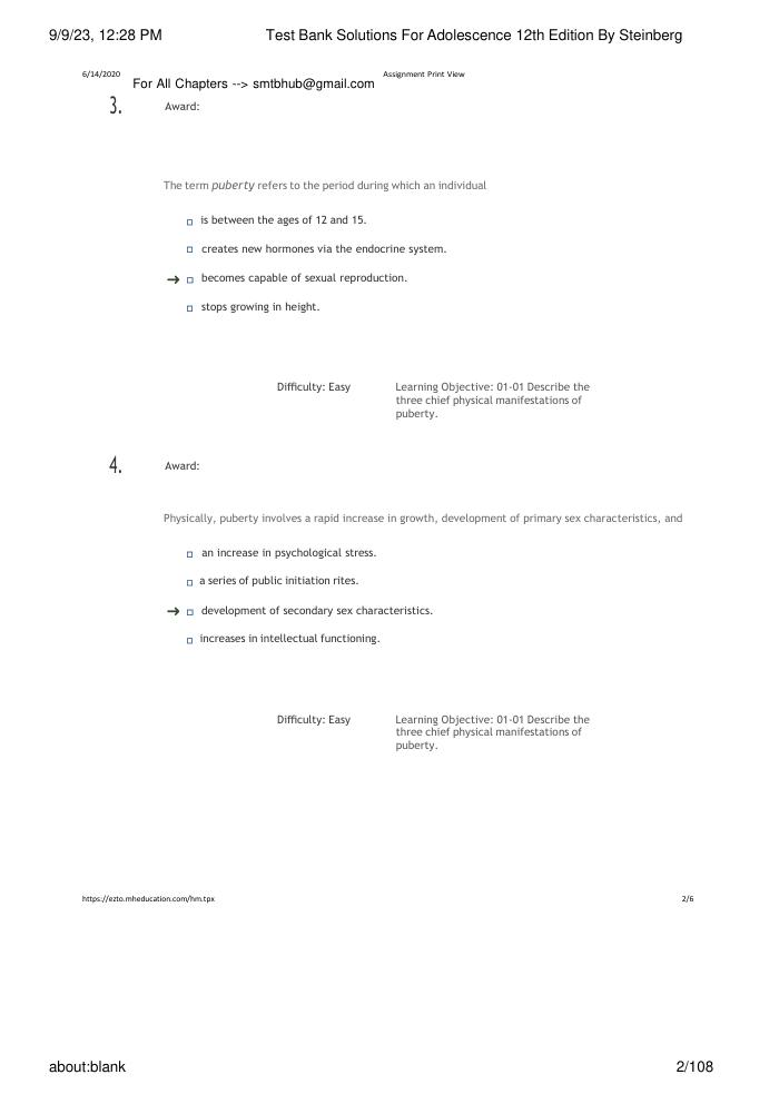 Preview page 2 of Test Bank Solutions For Adolescence 12th Edition By Steinberg