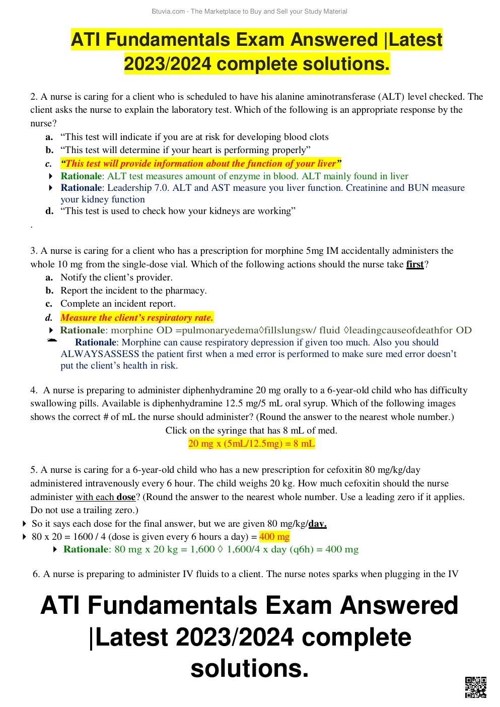 Preview page 3 of ATI Fundamentals Exam Answered |Latest 2023/2024 complete solutions.