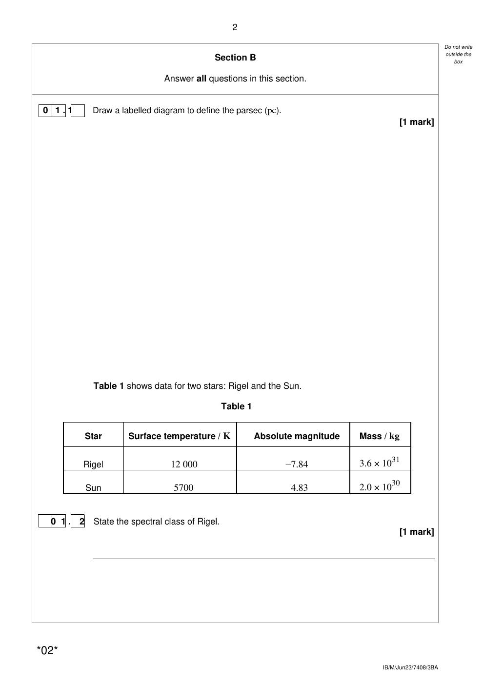 Preview page 2 of 2023 AQA A-level PHYSICS 7408/3BA Paper 3 Section B Astrophysics Question Paper & Mark scheme (Merged) June 2023 [VERIFI