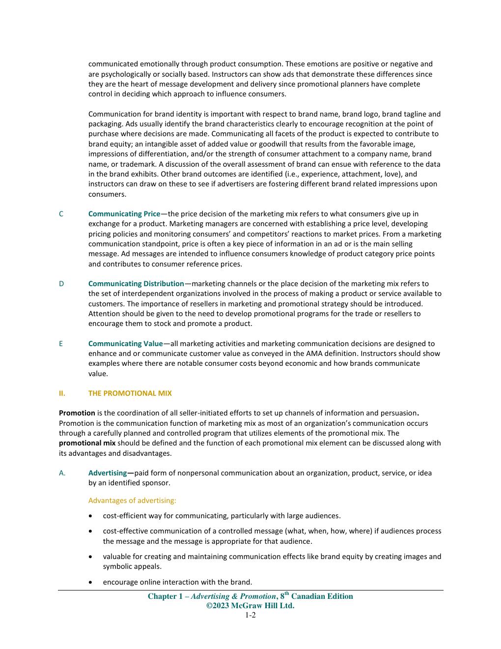 Preview page 2 of Instructor Solution Mnaual For Advertising & Promotion 8CE Michael Guolla, George E. Belch, Michael A. Belch Chapter(1-1