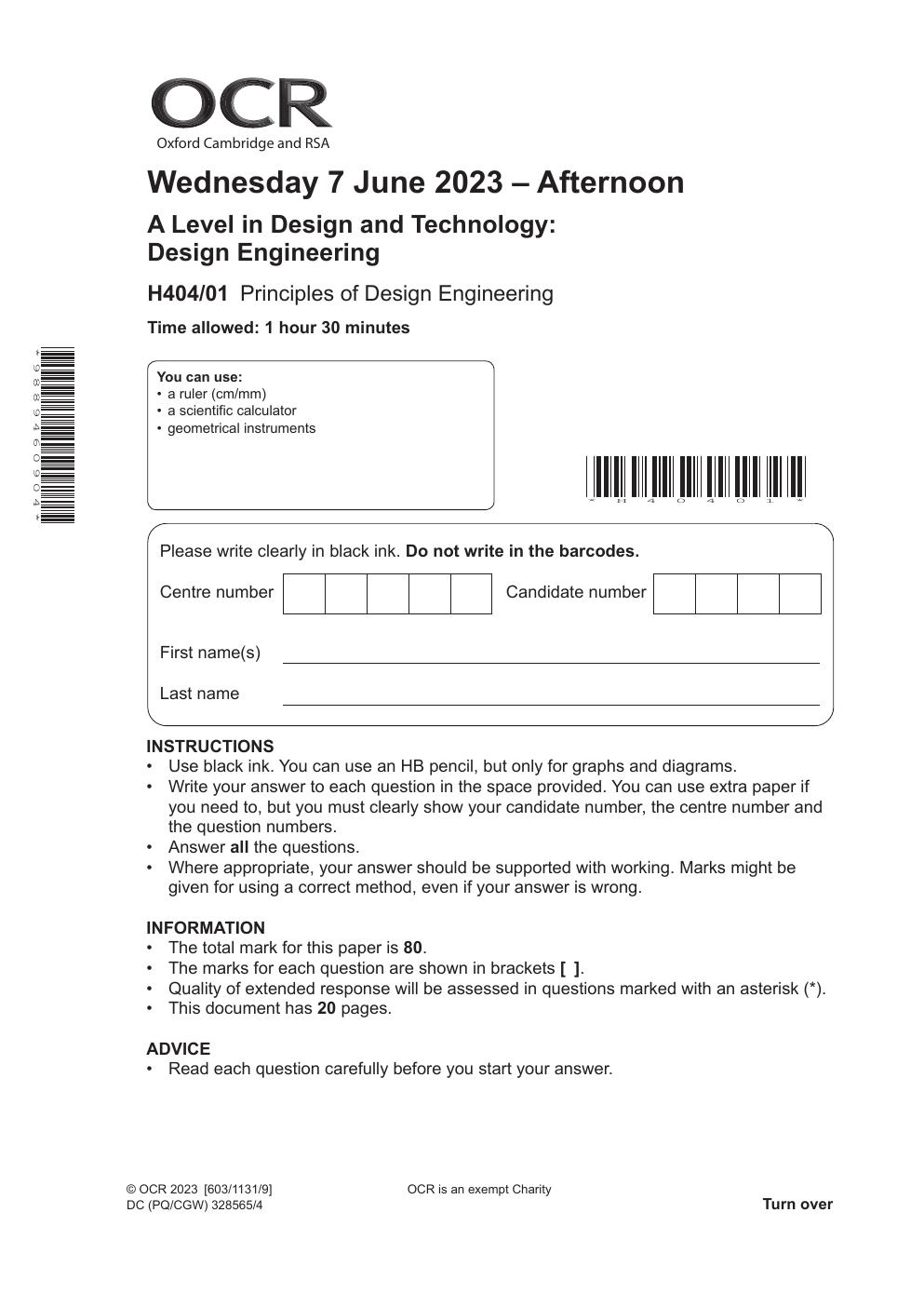 Preview page 2 of OCR 2023 Design and Technology H404/01: Principles of Design Engineering A Level Question Paper & Mark Scheme (Merged)