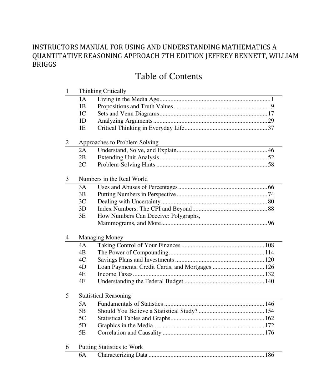 Preview page 2 of Instructors Manual for Using and Understanding Mathematics A Quantitative Reasoning Approach 7th Edition Jeffrey Bennett