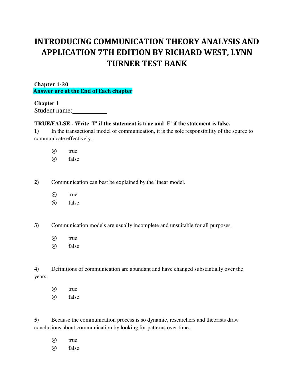 Preview page 2 of INTRODUCING COMMUNICATION THEORY ANALYSIS AND APPLICATION 7TH EDITION BY RICHARD WEST, LYNN TURNER TEST BANK