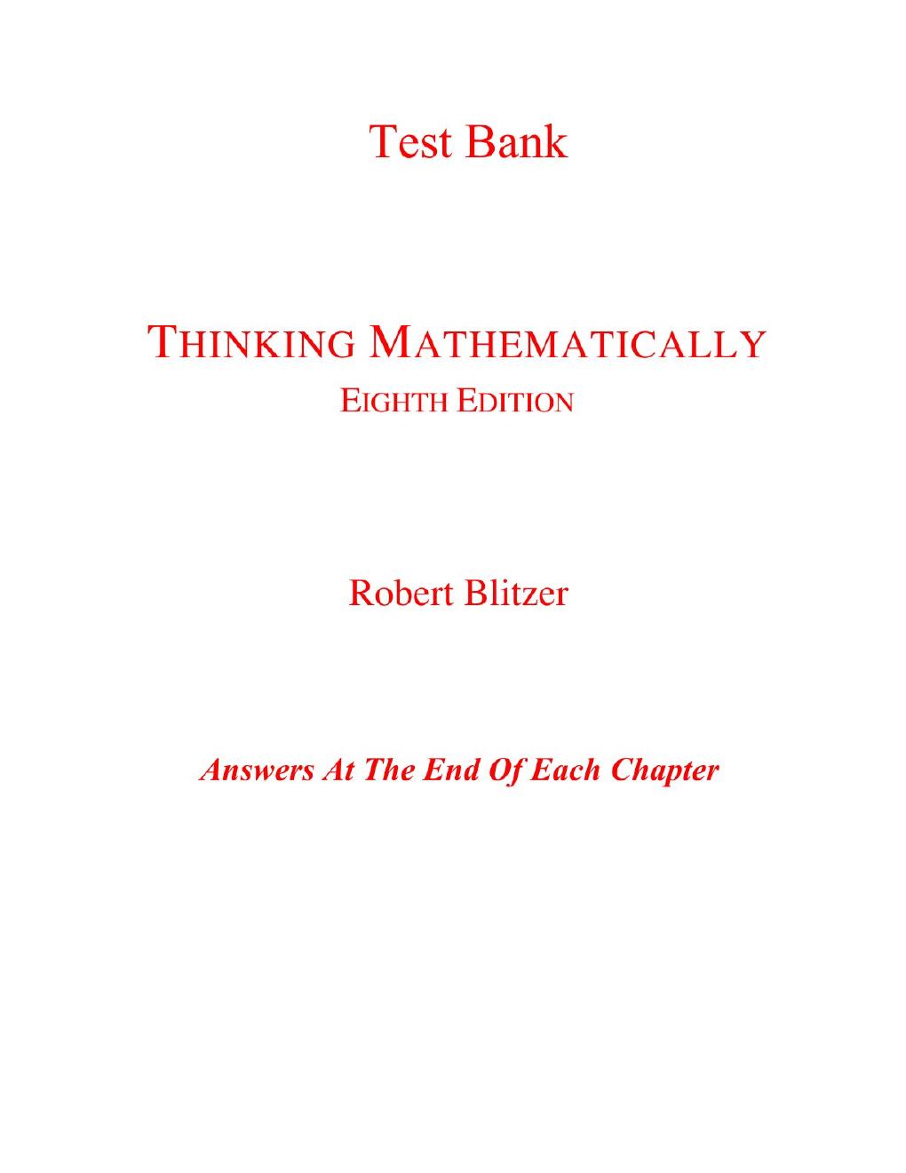 Preview page 2 of Test Bank For Thinking Mathematically 8th Edition By Robert Blitzer (All Chapters, 100% Original Verified, A+ Grade)