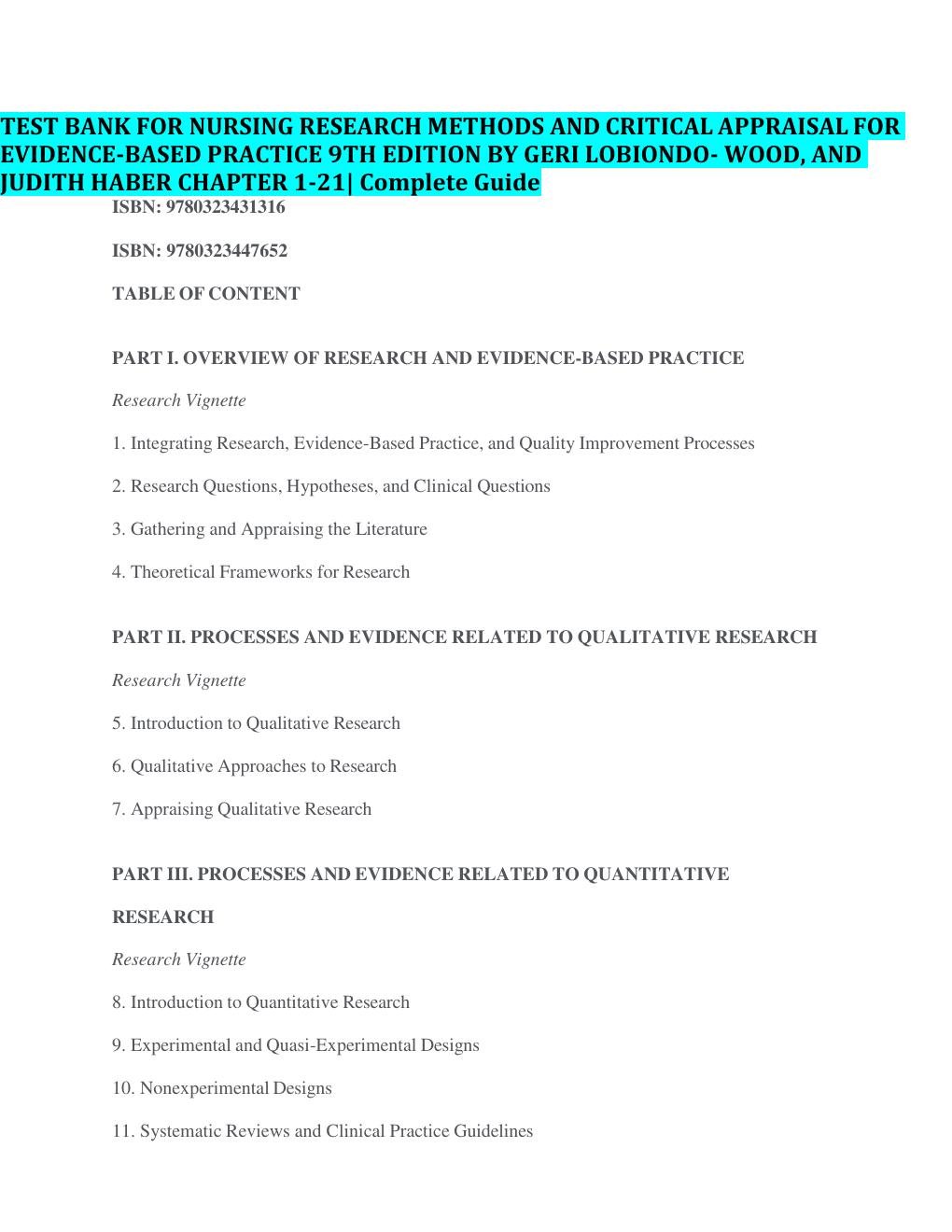 Preview page 2 of Test Bank for nursing research methods and critical appraisal for evidence based practice 9th edition by geri lobiondo w