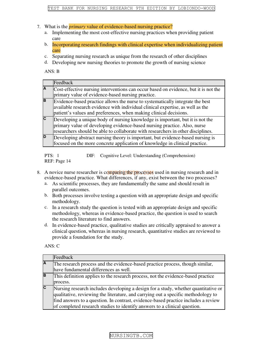 Preview page 7 of Test Bank for nursing research methods and critical appraisal for evidence based practice 9th edition by geri lobiondo w
