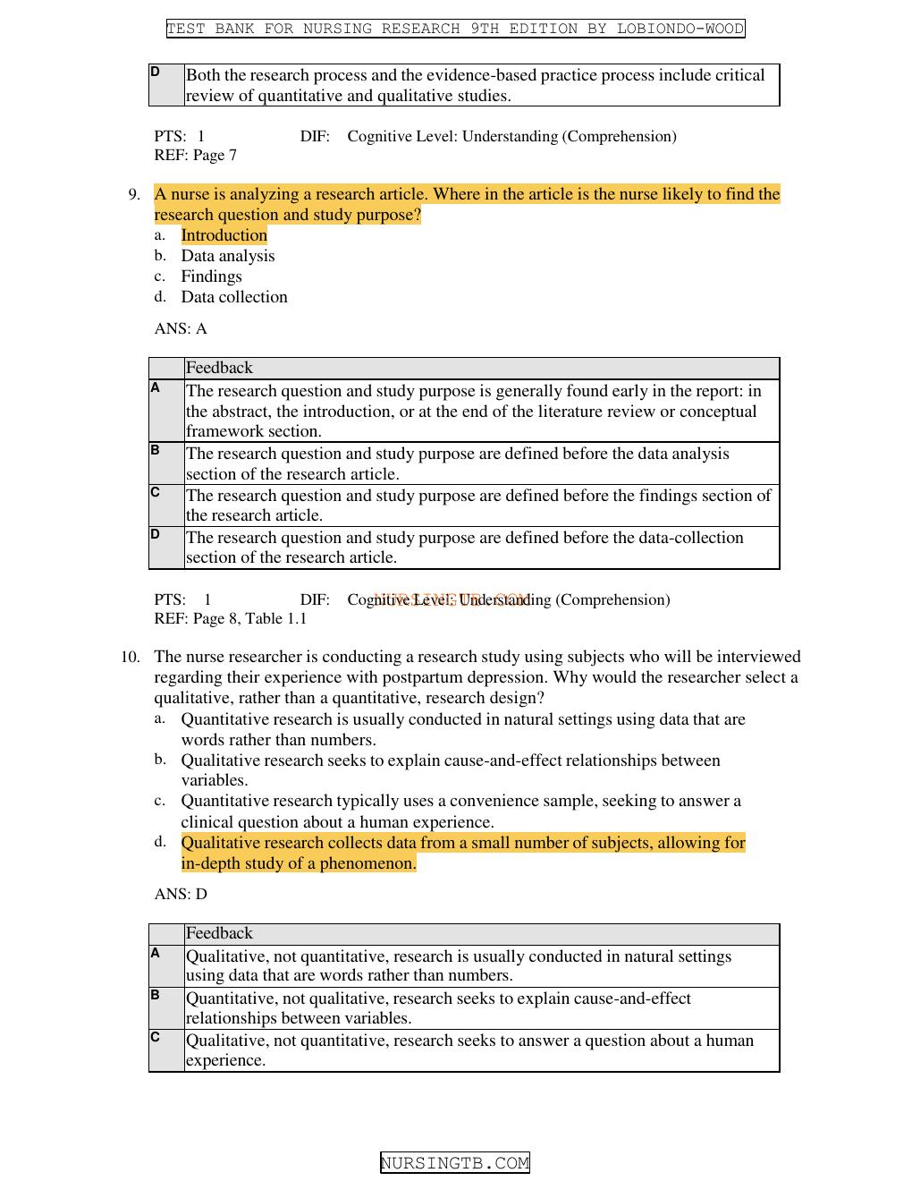 Preview page 8 of Test Bank for nursing research methods and critical appraisal for evidence based practice 9th edition by geri lobiondo w