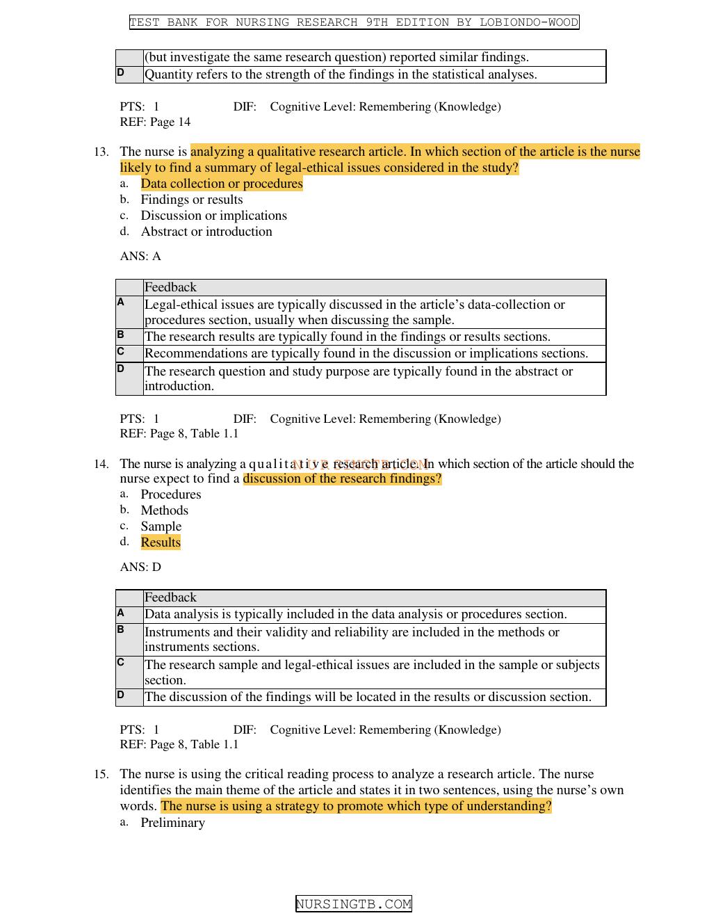 Preview page 10 of Test Bank for nursing research methods and critical appraisal for evidence based practice 9th edition by geri lobiondo w