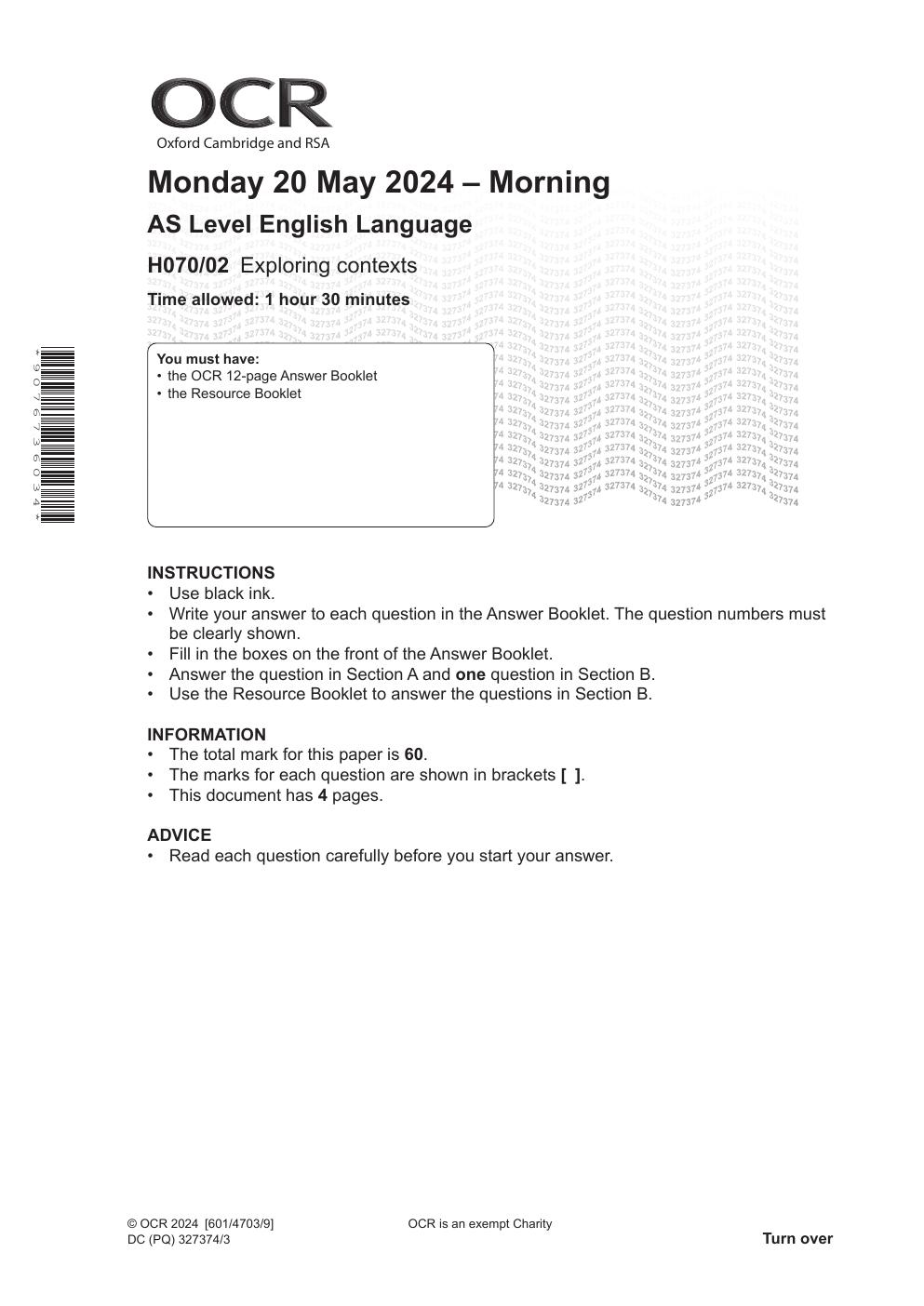 Preview page 2 of OCR 2024 GCE English Language H070/02: Exploring contexts AS Level Question paper and Mark scheme Merged