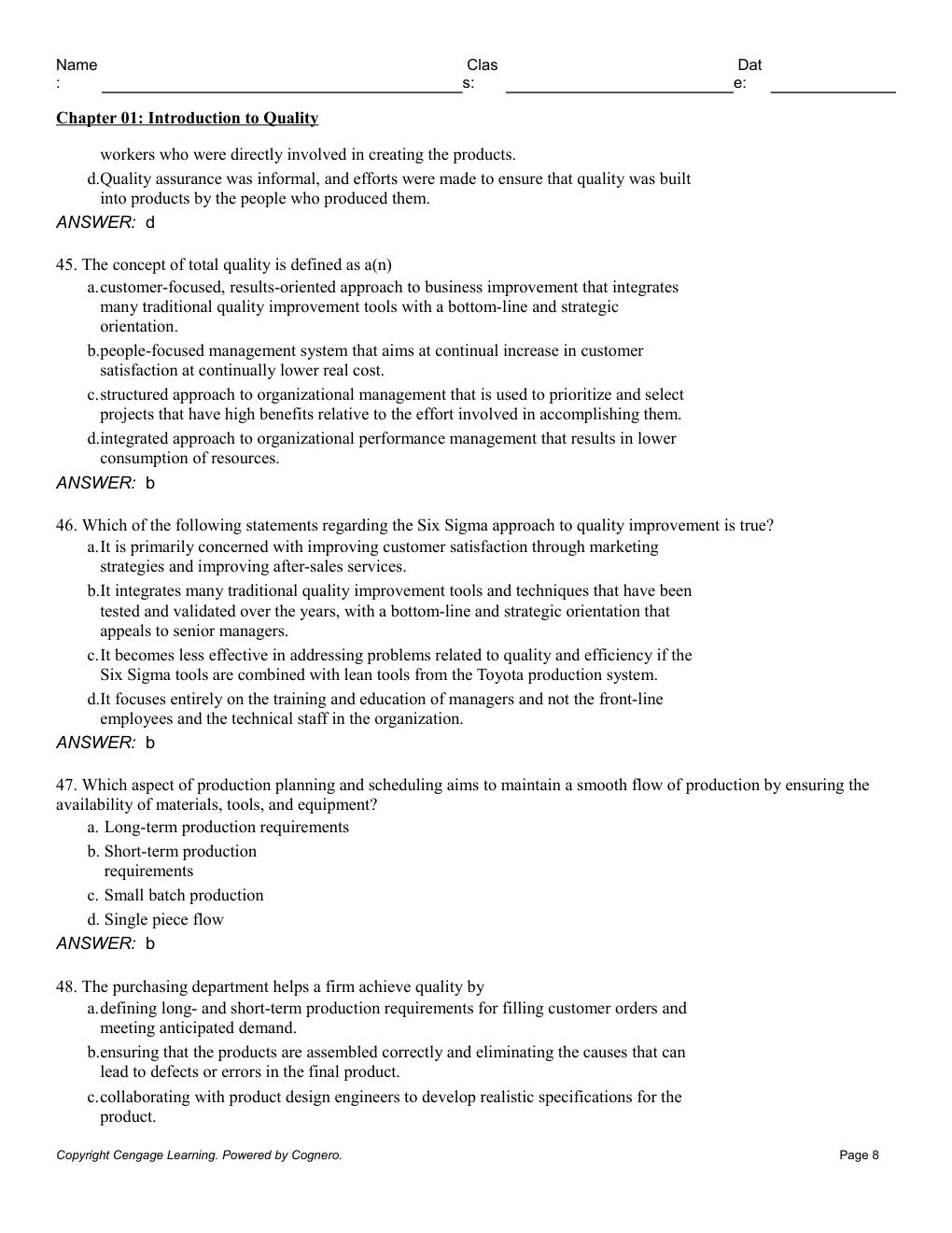 Preview page 10 of Test Bank for Managing for Quality and Performance Excellence 12th Edition By James Evans (All Chapters, 100% Original V