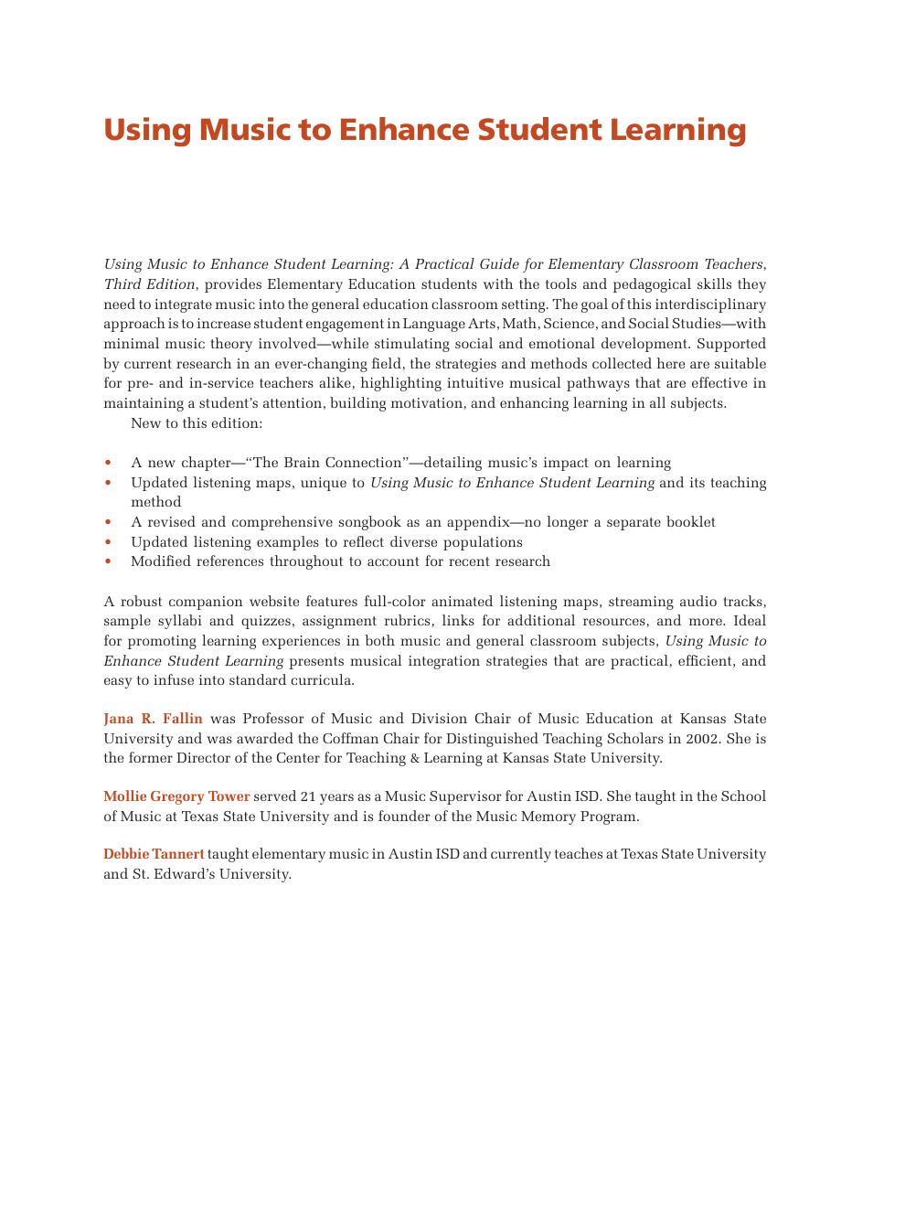 Preview page 2 of Using Music to Enhance Student Learning A Practical Guide for Elementary Classroom Teachers 3rd Edition By Jana Fallin,