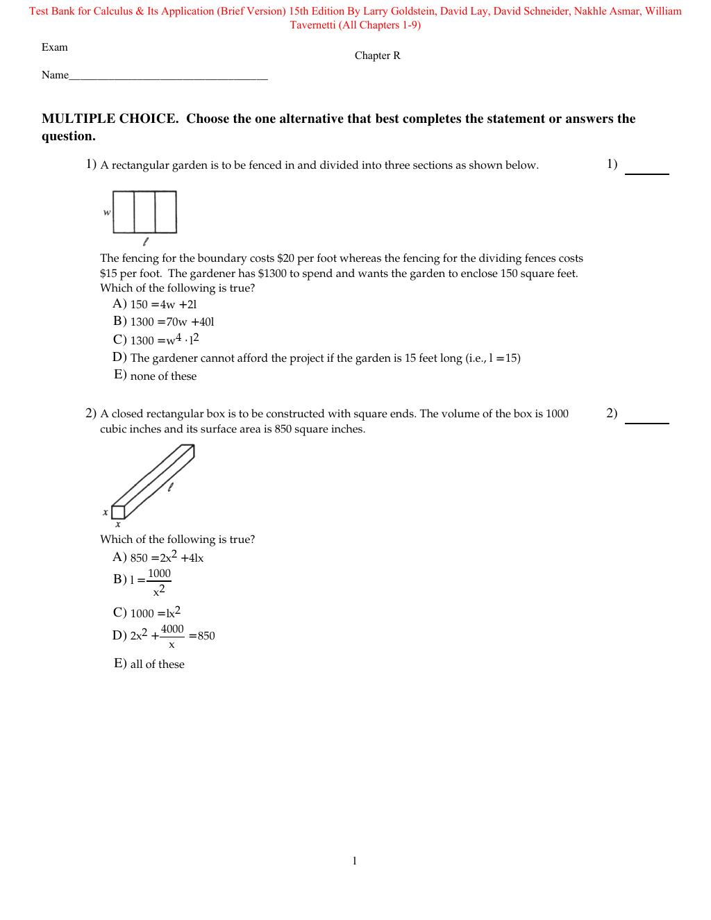 Preview page 2 of Test Bank For Calculus & Its Application (Brief Version) 15th Edition By Larry Goldstein, David Lay, David Schneider, Na