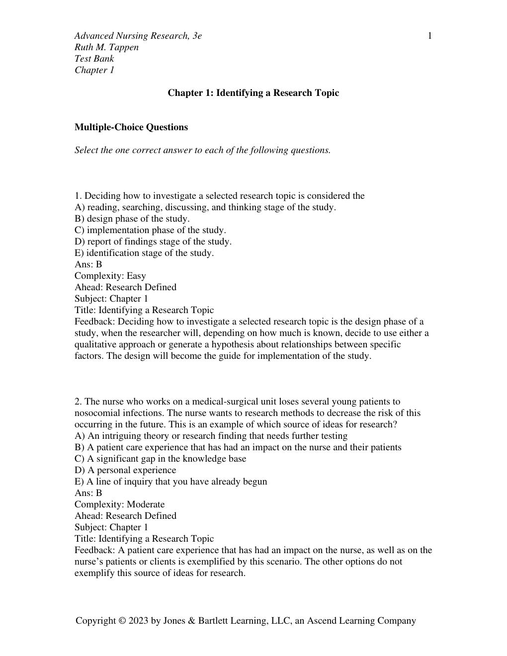 Preview page 2 of TEST BANK for Advanced Nursing Research: From Theory to Practice, 3rd Edition Ruth M. Tappen