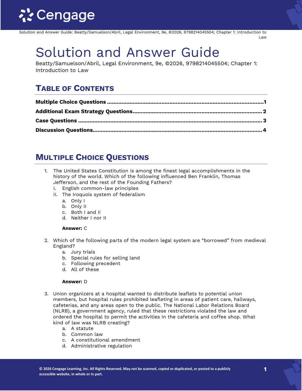 Preview page 3 of Solutions Manual Legal Environment 9th Edition By Jeffrey Beatty, Susan Samuelson, Patricia Abril