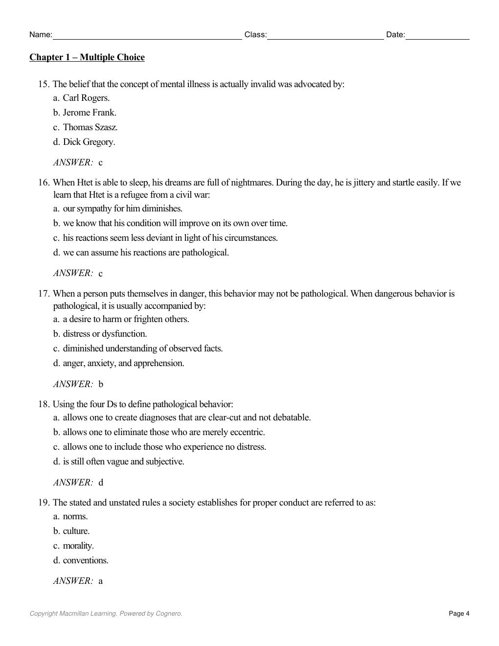 Preview page 6 of Test Bank Psychopathology Science and Practice 12th Edition By Ronald Comer, Jonathan Comer