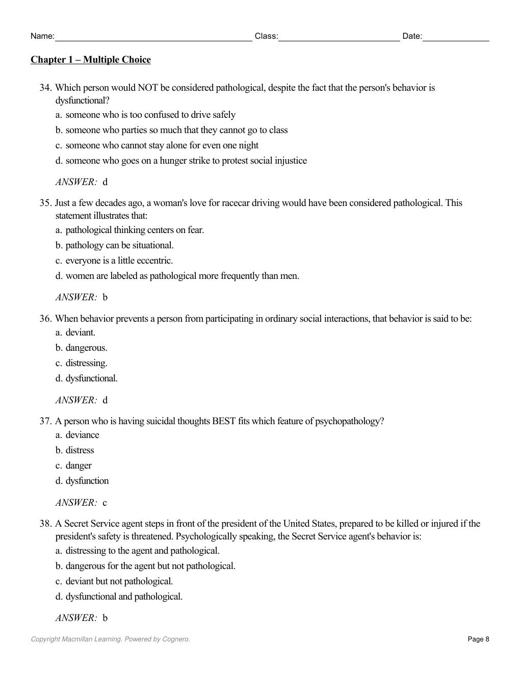 Preview page 10 of Test Bank Psychopathology Science and Practice 12th Edition By Ronald Comer, Jonathan Comer
