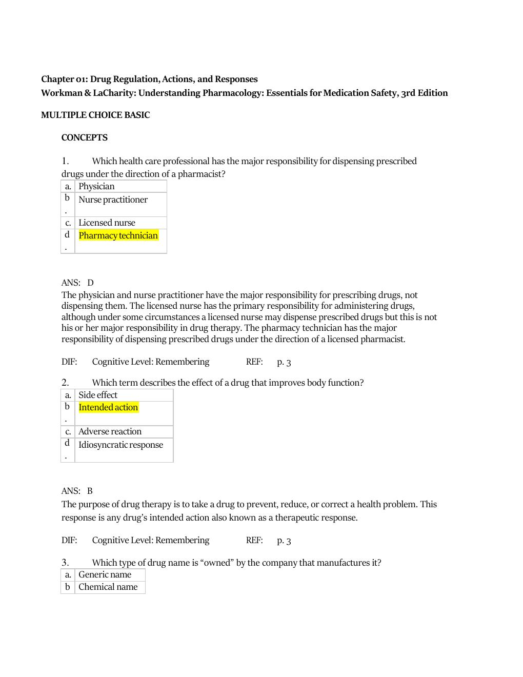 Preview page 2 of Test Bank for Understanding Pharmacology Essentials for Medication Safety 3rd Edition by M. Linda Workman & LaCharity