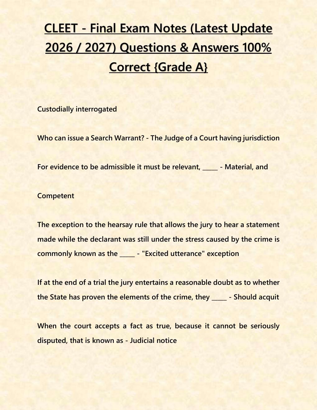 Preview page 2 of CLEET - Final Exam Notes (Latest Update 2026 / 2027) Questions & Answers 100% Correct {Grade A}